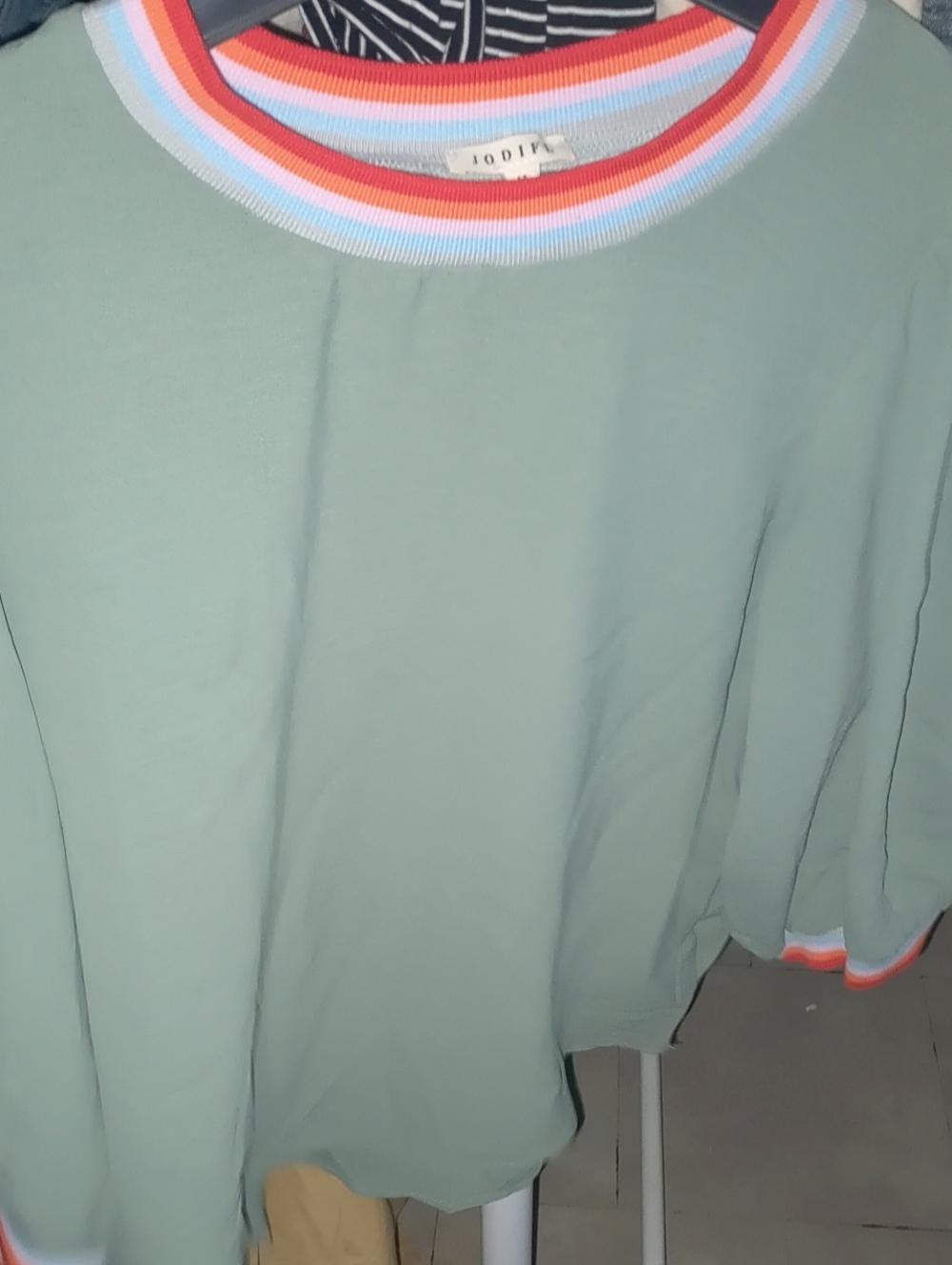 JODIFL Seafoam Green Sweatshirt with Rainbow Ribbed Trim